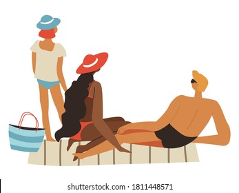 Padres y niños que pasan el tiempo en la playa o en el complejo. Mamá y papá con su hija usando ropa de baño. Personajes sobre el bronceado y el bronceado. Fiestas de verano o fines de semana, vector en llano