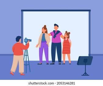 Parents and kid standing together for family photoshoot. Photographer with photo camera on tripod photographing mother, father and daughter in studio flat vector illustration. Photo session concept