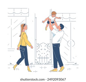 Parents with kid at street. Woman and man holding boy outdoors. Parenthood and childhood. Father and mother spends time with son. Linear vector illustration isolated on white background