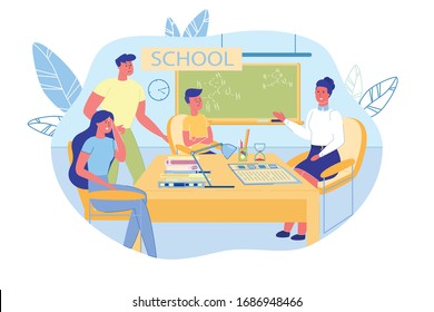 Parents, Kid, Teacher at PTA Meeting in School. Upset Father, Mother Talking with Pedagogue about Child Misbehavior. People Discuss Student Behavior Sitting at Table in Classroom. Vector Illustration