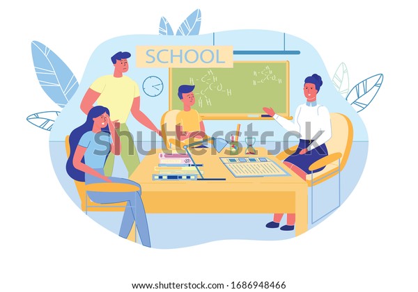 Parents, Kid, Teacher at PTA Meeting in\
School. Upset Father, Mother Talking with Pedagogue about Child\
Misbehavior. People Discuss Student Behavior Sitting at Table in\
Classroom. Vector\
Illustration