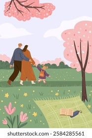 Parents and kid walking in park. Vector people on weekends strolling in rural area, blanket with book and thermos for tea on picnic. Summer and spring outdoors activities for mom, dad and kid