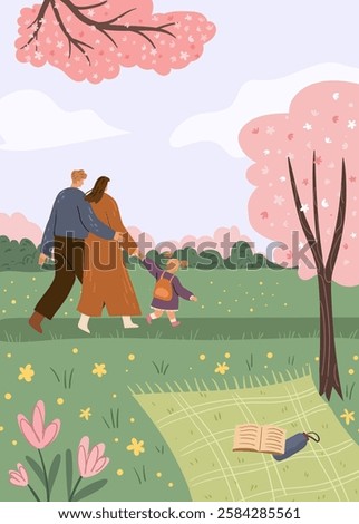 Parents and kid walking in park. Vector people on weekends strolling in rural area, blanket with book and thermos for tea on picnic. Summer and spring outdoors activities for mom, dad and kid