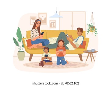 Parents And Kids Addicted To Smartphones And Gadgets. Vector Woman On Sofa With Phone, Kid Listening To Music With Headphones. Leisure And Relax At Home, Virtual Reality And Connection Via Internet