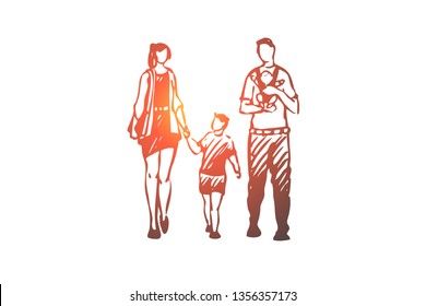 Parents, kids, baby, happiness, family concept. Hand drawn happy parents with children concept sketch. Isolated vector illustration.