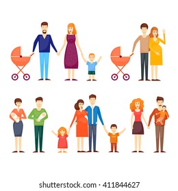 Parents with kids, cartoon family, on an isolated background. Flat design vector illustration.