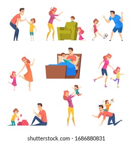 Parents and kids. Children good time in happy family father mother playing with son and daughter vector characters