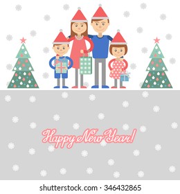 Parents and kids with Christmas shopping. Vector illustration of mom dad and the kids with gifts in hand.