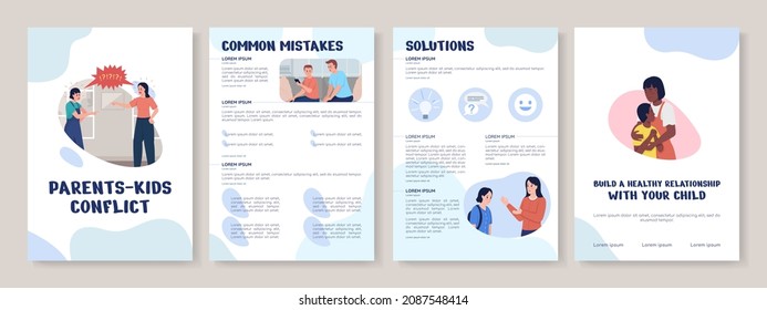 Parents kids conflict flat vector brochure template. Flyer, booklet, printable leaflet design with flat illustrations. Infographic posters with text space. Nerko One, Quicksand, Comfortaa fonts used