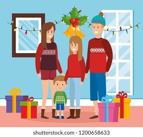 parents and kids with december clothes in livingroom