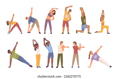 Parents and kids doing exercises, working out and leading active lifestyle. Physical education and healthy habits for children. Flat cartoon, vector in flat style