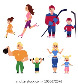 parents and kids, doing sport activities together - cycling, running, twirling hula hoop, weightlifting, squatting, playing hockey, vector illustration isolated on white background