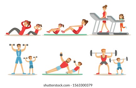 Parents With Kids Doing Sports Exercises In Gym Together Vector Illustration Set Isolated On White Background