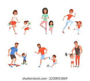 Padres y niños haciendo juntos deportes, mamá y papá jugando ping pong, fútbol, haciendo yoga, jogging, skateboarding, levantando la fuerza con sus hijos dibujos ilustrativos vectoriales