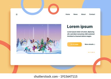 Parents and kids enjoying winter in country. Families sledging, making snowman flat vector illustration. Outdoor activity, vacation, Christmas concept for banner, website design or landing web page