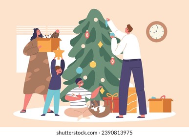 Parents And Kids Family Gather Joyfully Around A Twinkling Christmas Tree, Sharing Laughter And Hanging Ornaments