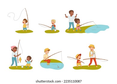 Parents and kids fishing with fishing rods set. Parents, son and daughter spending time together and sharing hobby with child cartoon vector illustration