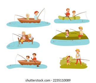 Parents and kids fishing with fishing rods set. Mom, dad and children sitting in boat and shore cartoon vector illustration