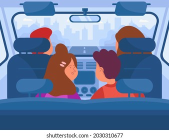 Parents and kids going on road trip. Flat vector illustration. Family sitting in front and back car seats, teenagers and adults making journey together, riding auto. Family, travel, holiday concept