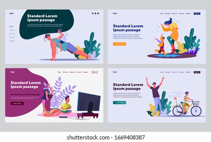 Parents and kids having fun set. Practicing sport, walking, play video game, riding bike. Flat vector illustrations. Leisure, family, activity concept for banner, website design or landing web page