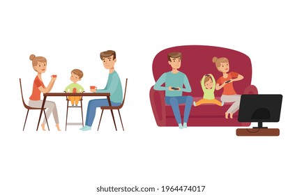 Parents and Kids Having Lunch and Watching TV Together Set Cartoon Vector Illustration