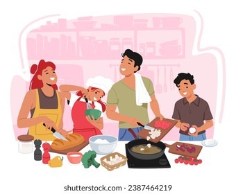 Parents And Kids Joyfully Collaborate In The Kitchen, Sharing Laughter And Culinary Secrets, As They Whip Up Delicious Dishes, Fostering Family Bonds And Culinary Skills. Cartoon Vector Illustration