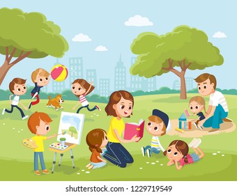 Parents with kids at the park. Mum reading book to children. Boy drawing the watercolor. Teacher reading book to children. Daddy playing with daughter.