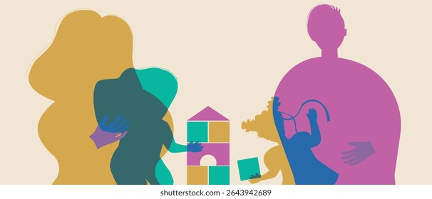 Parents and kids playing with cubes, silhouette vector stock illustration with silhouettes of parents and baby girl as Authentic Family
