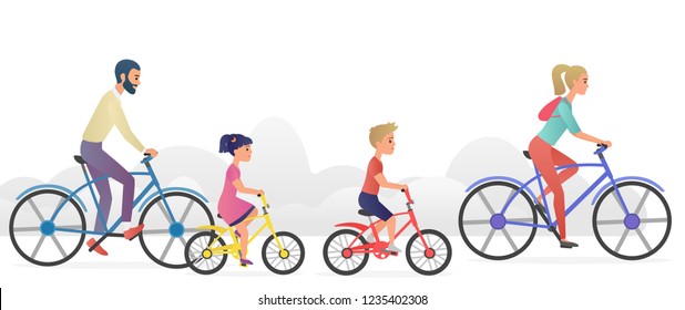 Parents with kids riding bicycles vector illustration.