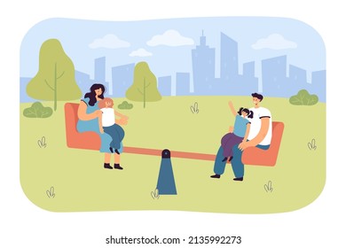 Parents and kids riding teeter-totter flat vector illustration. Happy family balancing on seesaw in city park together. Joy, recreation concept for banner, website design or landing web page