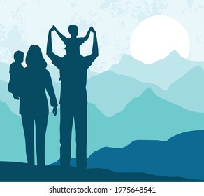 parents and kids silhouettes in the camp