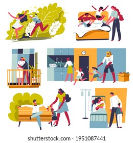 Parents and kids spending time together. Mom and dad with child sitting and walking in park. Children jumping on bed. Couple on balcony hugging. Woman on kitchen cooking. Vector in flat style