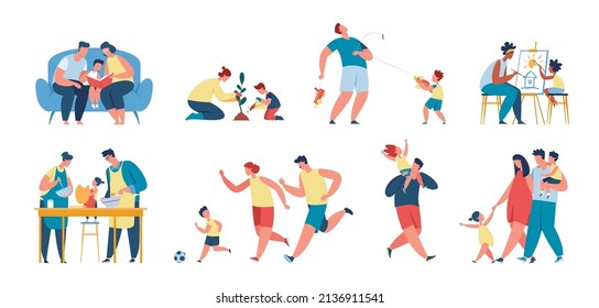 Parents with kids spending time together, different families with children. Single mom or dad, mother and daughter, father and son vector set. Characters planting, painting, playing football