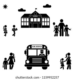 Parents with kids stick figure. School building and bus black sing symbol