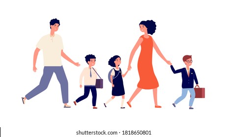 Parents And Kids. Students Go To School, Large Family Mother Father Went Their Children To Study. Schoolboy And Schoolgirls, Child In Uniform Vector Illustration