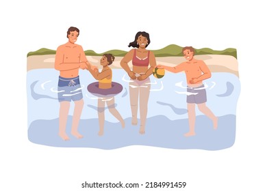 Parents And Kids Swim Together In River, Flat Cartoon Characters Play Outdoors. Vector Illustration Of Bathing People On Summer Holidays, Happy Family Swimming In Water