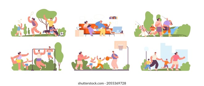 Parents with kids. Teaching child, fun activities with father and mother. Active outdoor family time, children on rollers, walking on nature utter vector scenes