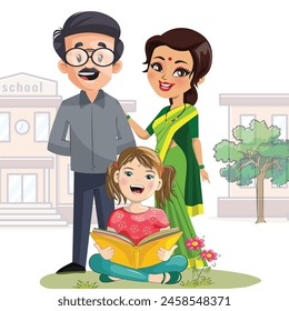 Parents with kids vector illustration, student little girl with parents.