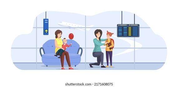 Parents and kids waiting for air flight in departure hall. Mothers and kids sitting in airport terminal with information board. Happy families traveling with children flat vector