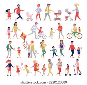 Parents with Kids Walking in the Park Enjoying Weekend and Recreation Activity Big Vector Set