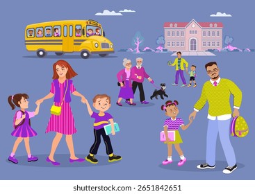 Parents and kids walking towards school building. Yellow school bus with happy children and diverse families.  Represents education, back to school themes. Vector flat illustration.