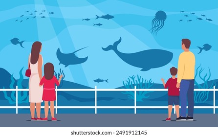 Parents and kids watching underwater scenery with sea animals in oceanarium. Underwater fauna with fish, seaweed, whale, jellyfish. Marine world representatives. Oceanarium visitors. Vector