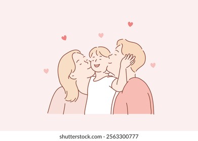 The parents are kissing their baby boy on the cheeks.