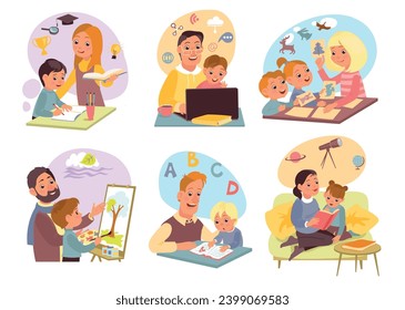 Parents learning children. Moms and dads help kids do homework. Adult and student characters. Family studying together. Distance education. Read books. Paint picture