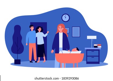 Parents leaving baby with nanny. Toddler, cradle. Flat vector illustration. Babysitting concept can be used for presentations, banner, website design, landing web page