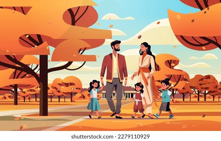 parents and little children walking together in park mother father and kids standing together big family concept