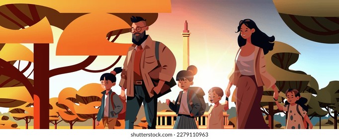 parents and little children walking together in urban park mother father and kids standing together parenthood big family
