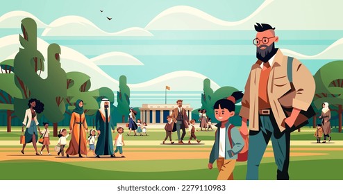 parents and little children walking together in park people performing leisure activities outdoors landscape background