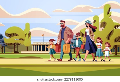 parents and little children walking together in urban park mother father and kids standing together parenthood big family