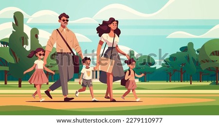 parents and little children walking together in urban park mother father and kids standing together parenthood big family